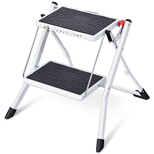 TOOLF Escalera, taburete plegable de doble cara, escalera portátil de 2 pasos con asa, plataforma grande, escalera delgada para el hogar con Milti-fuction (acero Cover