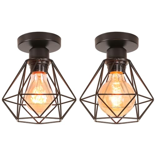 iDEGU Lot de 2 Lustre Plafonnier Industriel Métal Suspension Luminaire Style Cage Géométrique E27 Mini Lampe de Plafond Vintage pour Couloir Entrée, Noir, Ø 16cm...