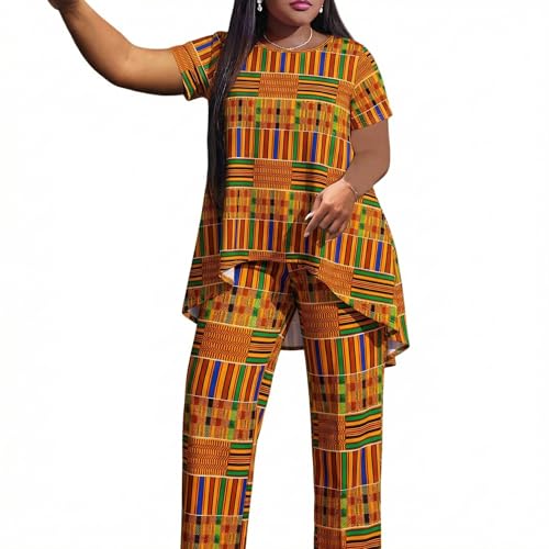 MHJHBBE African Print 2PC Set Short Sleeve Top with Wide Leg Pants Traditional Kente Pattern Plus Size Lounge sets for Women