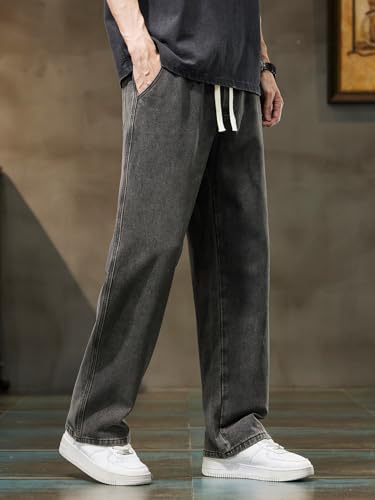 Baggy Jeans for Men Drawstring Elastic Waist Loose Fit Y2K Denim Pants with Pockets3