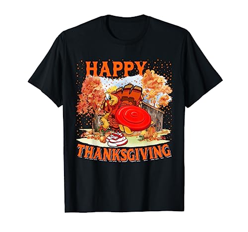 Feliz Día de Acción de Gracias, jugador de disc golf jugando a pavo, árbol de otoño Camiseta