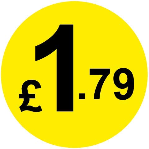 Permanent Adhesive - Black & Yellow 30mm Price Stickers/Labels from 10p to £5.25, 5000, £1.79