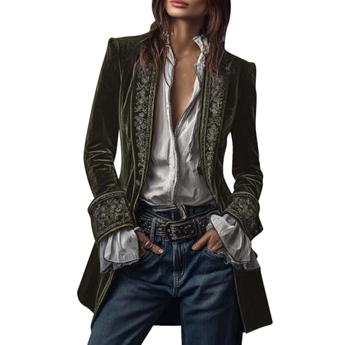 Image of Velvet Jackets for Women Baggy Long Sleeve V Neck Embroidered Coats Fashion Elegant Patchwork Printed Edge Velour Outerwear Casual Comfortable Steampunk Clothing for Party Blackish Green