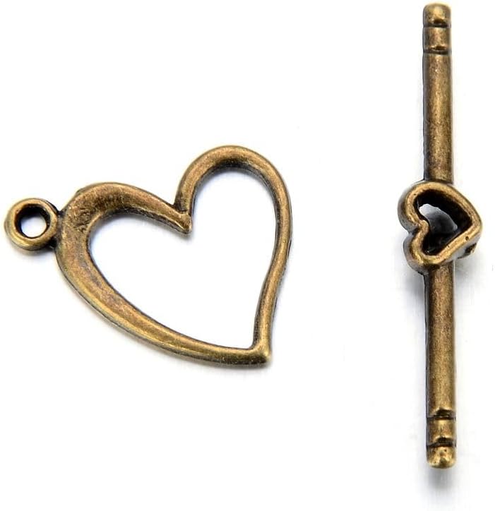 Adabele 10 Sets Heart Shape Toggle Clasp 14.5mm (0.57 Inch) T-Bar Closure Tarnish Resistant Antique Bronze for Necklace Bracelet Craft Jewelry Making MC-AF57