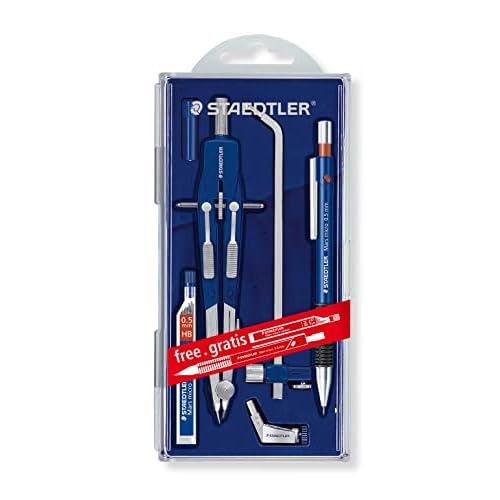 STAEDTLER - Set con compasso a regolazione rapida Mars Comfort, con astina di prolunga, adattatore universale, scatola con pezzi di ricambio e portamine, 552 02 PR1