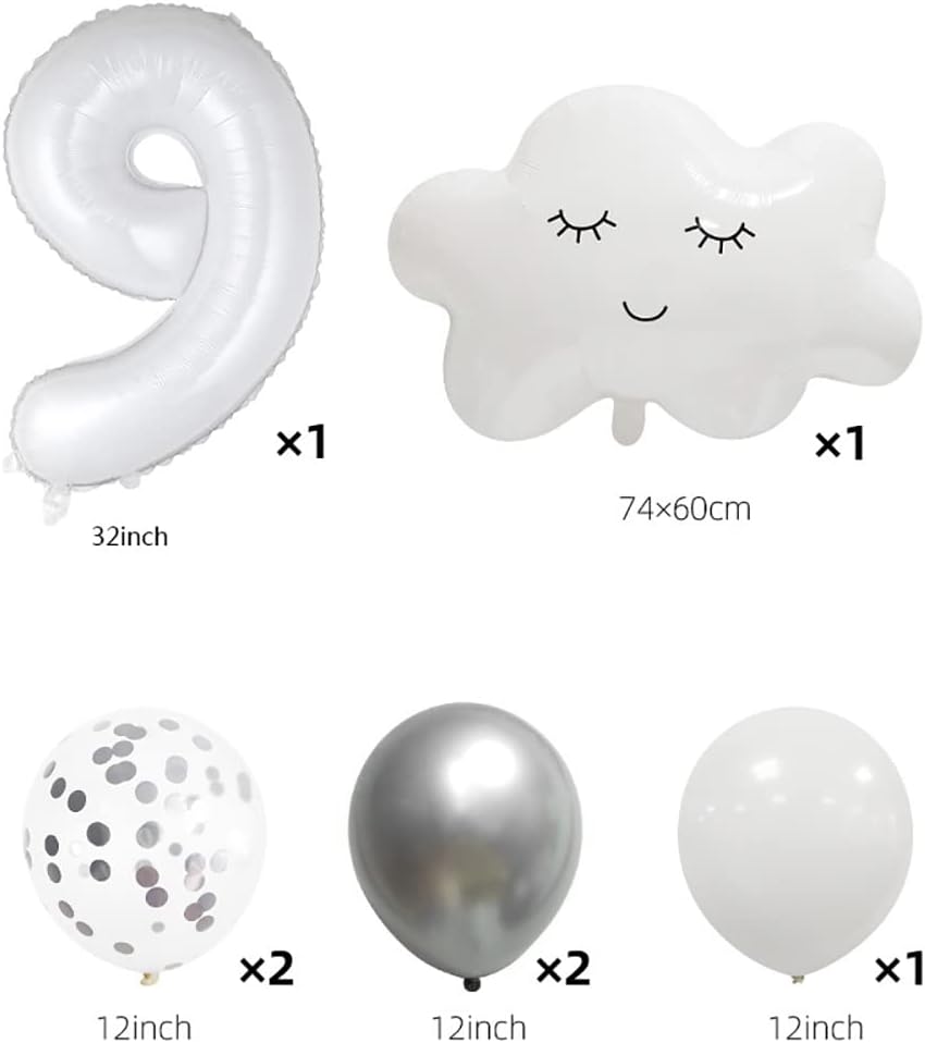 9th Birthday Party Balloons Decoration Cloud Balloon Kit, Metallic Silver Pearl White Confetti 9th Birthday Shower Party Decoration,Rainbow Sky Theme Birthday Decorations for 9 Year Old Girl boy