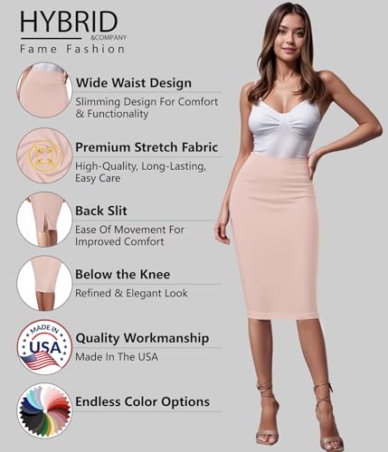 Image of Hybrid & Company Women's Premium Nylon Ponte Stretch High Waist Pencil Suit Skirt Below Knee
