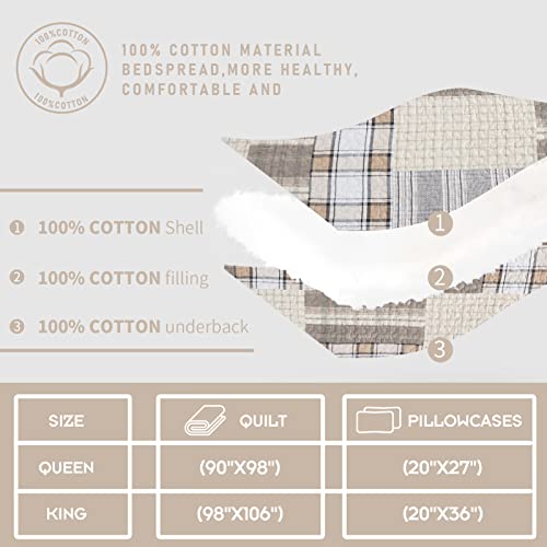 Finlonte King Size Quilt, 100% Cotton Lightweight Summer Quilt King, Cabin Plaid King Quilted Bedspread, Brown Tan White Reversible King Quilt Bedding Set For All Season, 3 Piece #TOP4