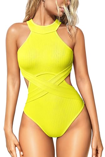 Image of OQQ Women's One Piece Swimsuits Tummy Control High Waisted Cross Bathing Suit Wrap Tie Back 1 Piece Swimwear