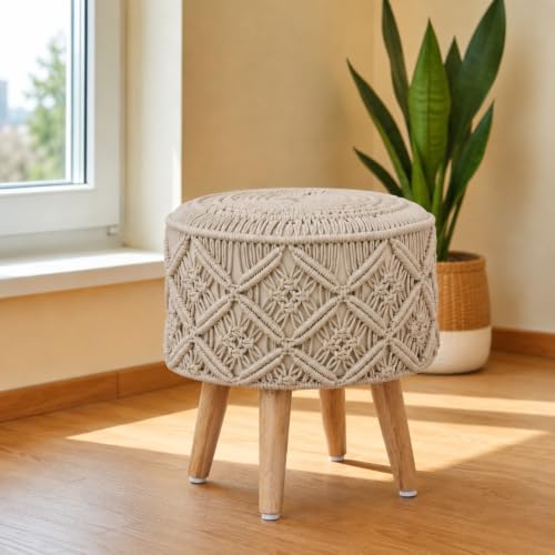 Image of Macrame Ottoman for Living Room | Handcrafted Woven Foot Rest Stool with Solid Wooden Legs | Pouffe for Sitting, Foot Stool for Bedroom & Home Decor | 16x16x18 Inch (Beige)