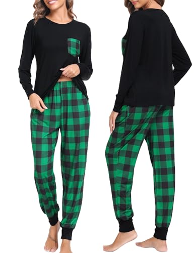 SWOMOG Adult Christmas Pajamas Buffalo Plaid Pajama Pants with Pockets Long Sleeve Tops for Couples & Family4