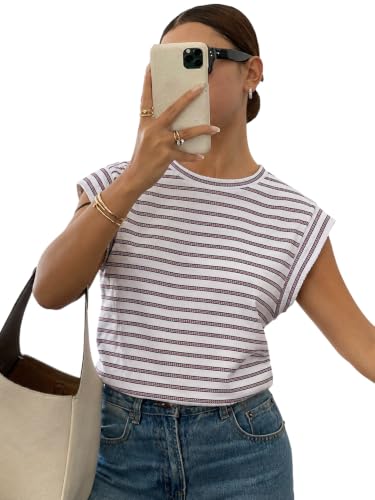 Image of Jawdrobe Women's Striped Western Top Round Neck Cap Sleeve T-Shirt for Women