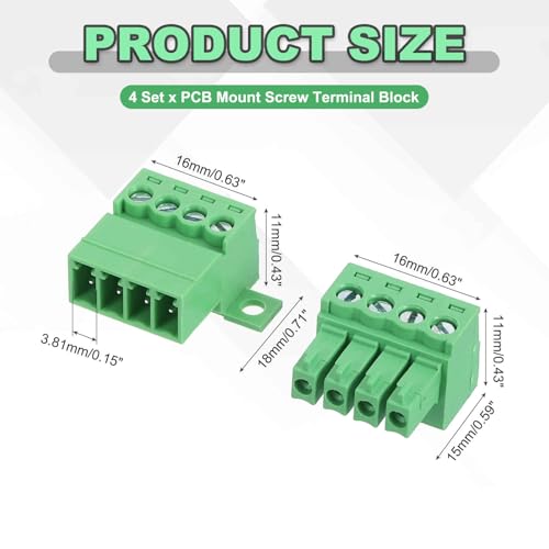 MECCANIXITY 4 Pcs Screw Terminal Block Connector 4Pin 3.81mm Pluggable Electronic Component Electronic 300V 8A for Socket Panel Circuit Board Mount
