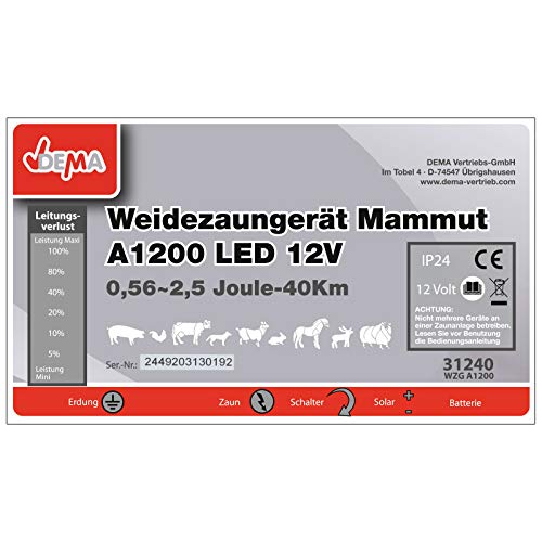 Foto von DEMA Weidezaungerät Mammut A1200 LED 12V bis 10000 Volt INKLUSIVE Zaunprüfer