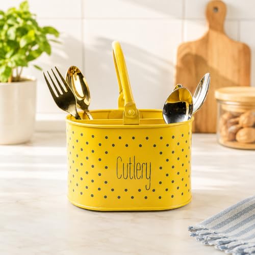 Image of MARKET 99 Yellow Polka Dot Metal Cutlery Holder | Oval Glossy Cutlery Stand for Kitchen | Knife, Fork & Spoon Organizer | Multipurpose Tabletop for Dining Table, Office Desk & Countertop