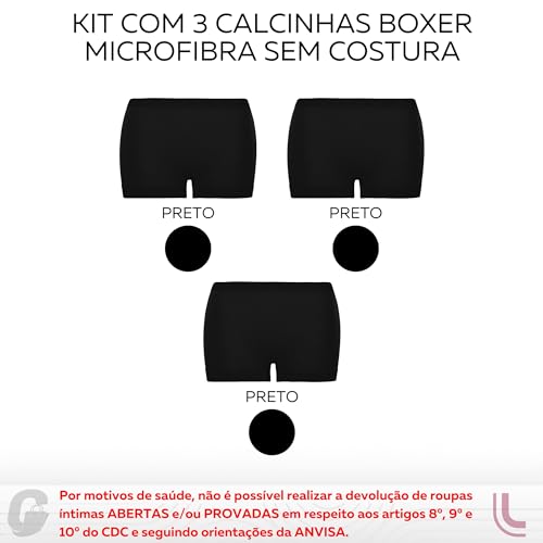 Kit 03 Calcinha Boxer Sem Costura Lupo Feminino Adulto | 3 Preto | G