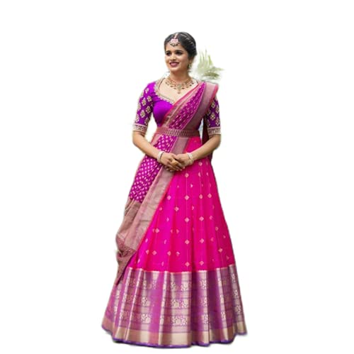MASTER DESIGN Kanjivaram Soft Silk with Pure Golden zari Waving Half Saree Lehenga South Indian Wadding and Party wear Woman Half Saree with Same Embroidery Work Blouse (Unstitched)