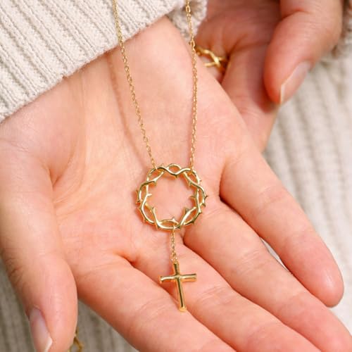 Image of Crown of Grace Cross Necklace for Women - 18K Gold Plated Christian Jesus Crucifix Pendant | 1 Micron Thickness