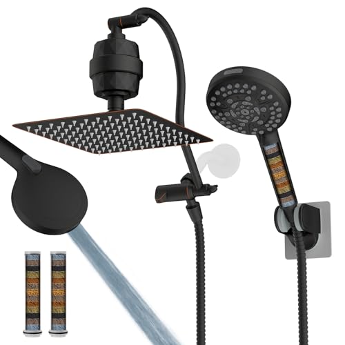 Hibbent All Metal 10'' Dual Filtered Rainfall Shower Head Combo, High Pressure Handheld Shower Head with 12'' Adjustable Extension Arm, 20 Stage Shower Filter, 10-spray, 71'' Hose, Oil Rubbe