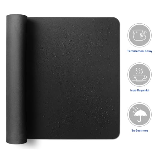 Black Deer PU Deri Mouse Pad Dikişli Kenar Dayanıklı Büyük Boy Çift Yönlü Kullanım Ofis Masa Matı Sümen (SİYAH, 70X30 L)