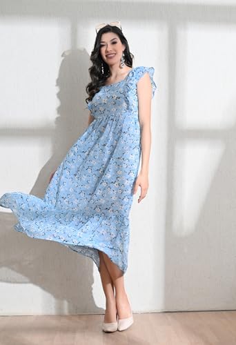 Image of IUGA Georgette Jacquard Butti Square Neck Knee Length Western Dresses for Women
