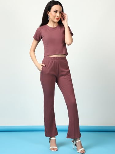 Image of Rigo Cotton Solid Co-ord Set for Women | Round Neck, Slim Fit Tracksuit Co-ords Set for Women | Two Piece Co ord Set | Casual Wear, Beach Wear, Vacation Wear Outfit for Women