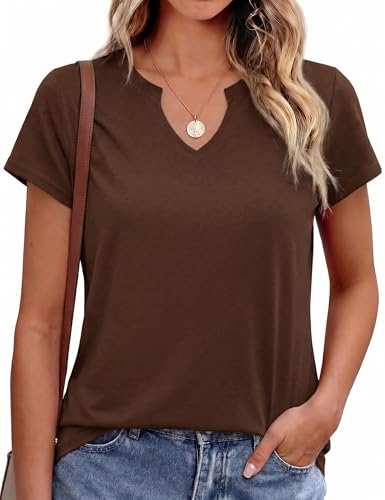 Image of Leversic Womens Tops V Neck Casual T-Shirt Short Sleeve Plain Color Summer Tunic Tops Basic Tee(Brown,S)