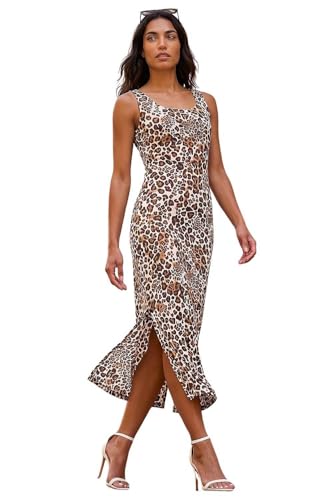 Image of Roman Cotton Speckled Print Midi Dress for Women UK - Ladies Spring Everyday Summer Holiday Square Neckline Comfy Sleeveless Soft Jersey Frock Day Out Gowns - Tan - Size 16