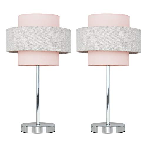 MiniSun | Modern Polished Chrome Touch Table Lamps with a Pink and Grey Herringbone Shade | Table Lamps, Home Décor & Improvement Essential | Set of 2 | Includes 5W LED Bulbs [3000K Warm White]