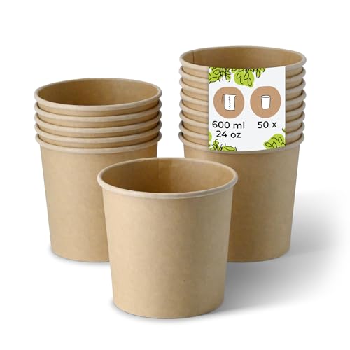 BIOZOYG Taza de Sopa 50 pieza 600 ml / 24 oz, Ø 115 mm, marrón - Taza grande, vasos carton - Vasos y platos desechables - Poke bowl, ramen bowl, vasitos aperitivos, cuenco sopa