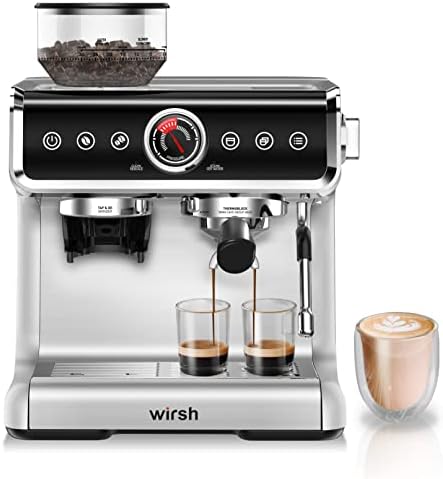 wirsh Espresso Machine with Coffee Grinder-15 Bar Bean to Cup Espresso Coffee Maker with Conical Coffee Grinder,Tamper and Frothing Pitcher for Latte,Cappuccino,Expresso Coffee Machine,Touch Control