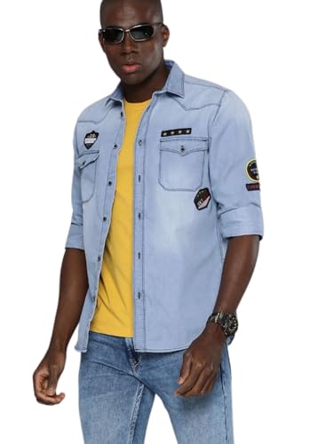 Image of The Indian Garage Co Men Slim Fit Solid Full Sleeves Cutaway Collar Double Flap Pocket Casual Denim Shirt