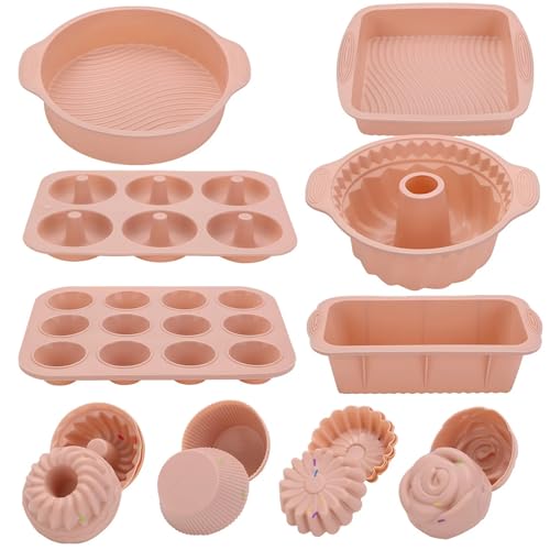 30PCS Silicone Baking Set: Nonstick Silicone Bakeware Sets Including Baking Sheet, Cake Mold, Cake Pan, Toast Mold, Muffin Pan, Donut Pan, and 24 Cupcake Mold Baking Cups Set (Pink)