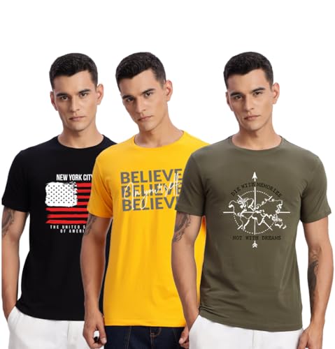 Image of ADRO 100% Cotton Lycra Tshirts for Men Combo Pack of 3 | Regular Fit | Printed T Shirt | Round Neck Half Sleeve| Mens Tshirts