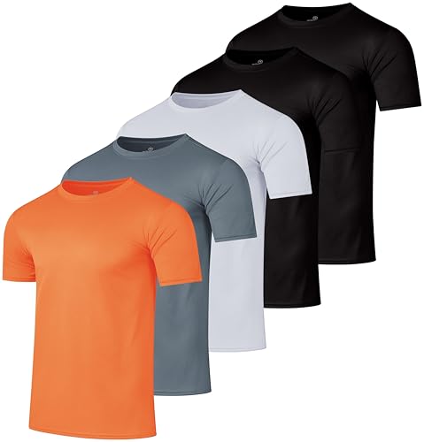 Image of Real Essentials 5 Pack: Men's Mesh Performance Quick Dry Tech Stretch Ultra-Soft Breathable Short Sleeve Crew Active T-Shirt | Available In Big & Tall, Moisture Wicking, Quick Dry, Cooling, Summer, Casual, Basketball, Tennis, Hiking, Yoga, Tops