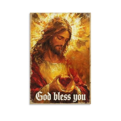 MAIHAIBAO Sacred Heart of Jesus Canvas Wall Art - God Bless You Christian Poster - Vintage Catholic Religious Decor for Prayer Room - 12x18 Inch (Unframed)