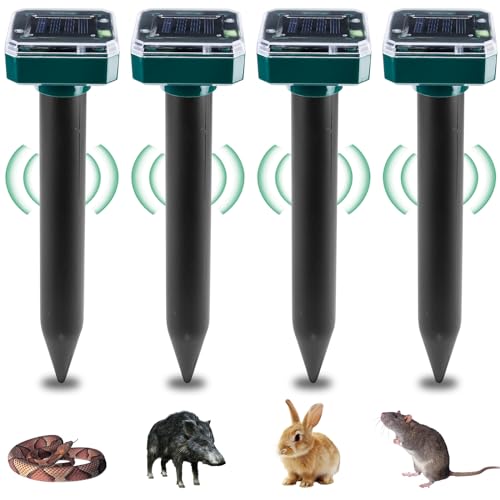 4 Piezas Ahuyentador de Topos Solar, IP65 Repelente de Animales Solar Repelente de Topo Solar Repelente Ultrasónico de Ratones Ahuyentador de Ratas para Jardin, Anti Animales, Serpientes