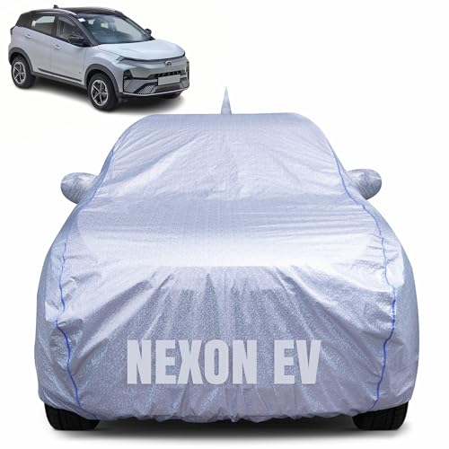 Image of 100% Waterproof Car Body Cover for Tata Nexon EV with Mirror Pocket, Heat & UV Resistant, Triple Stitched, Soft Lining, Bottom Elastic & Piping (Silver Reflective)