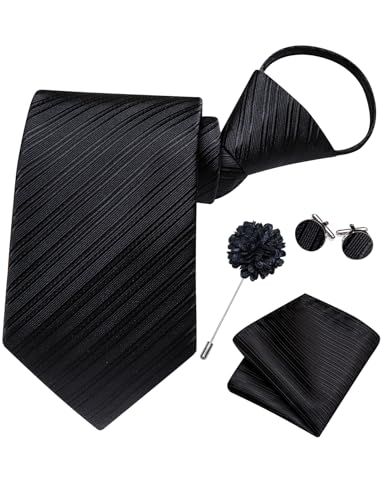 Image of Hi-Tie Zipper Ties for Men Pre-tied Tie Set Lapel Pin Pocket Square and Cufflinks Formal Business Wedding Adjustable Necktie