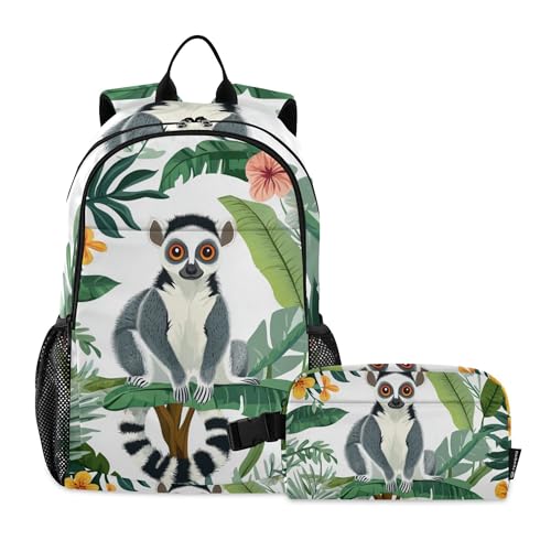 Cute Cartoon Lemur Backpack with Lunch Bag, Travel School Backpack for Boys Girls Kids Backpacks Set