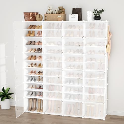 Image of Portable Shoe Rack Organizer with Door, 96 Pairs Shoe Storage Cabinet Easy Assembly, Plastic Adjustable Shoe Storage Organizer Stackable Detachable Free Standing DIY Expandable 12 Tier White