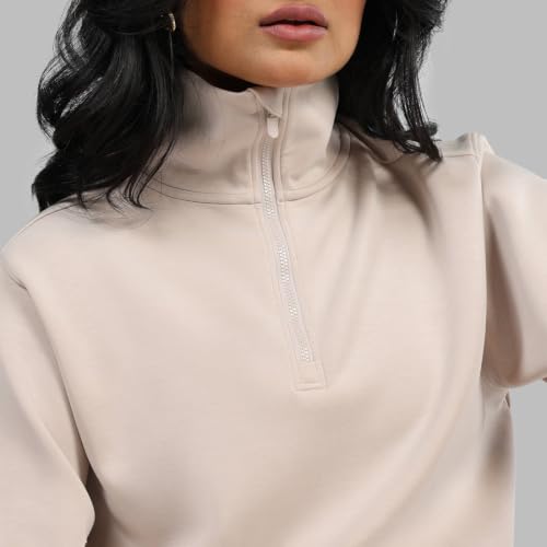 Image of BlissClub BareButter Pullover with Zip Marshmallow Comfort Relaxed fit Funnel Neck Cuffed Sleeve Luxurious Feel