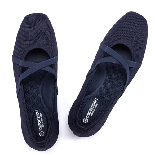 Frank Mully Mary Jane Damen-Ballerinas mit Flacher, eckiger Zehenpartie, bequem für Elegante Anlässe und Büro, mit gekreuztem Riemen, Tiefblau, 39 EU