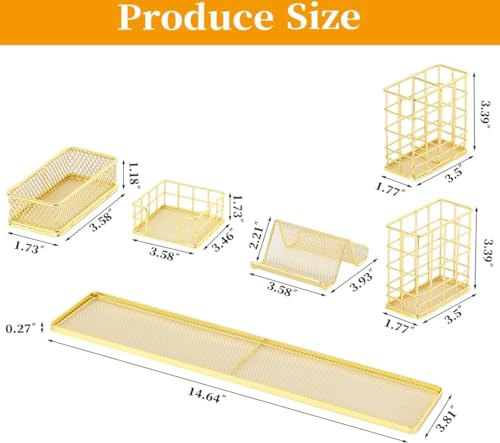 Image of Metal Desk Organizer Set with Mobile Stand, Pen Holder & Sticky Note Tray | Multipurpose Office Table Organizer for Study Desk, Home & Office (Gold)