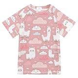 ALAZA Kids Rash Guard Boys Toddler Swim Shirts Short Sleeve Llama Clouds Pink UPF 50+ 3T
