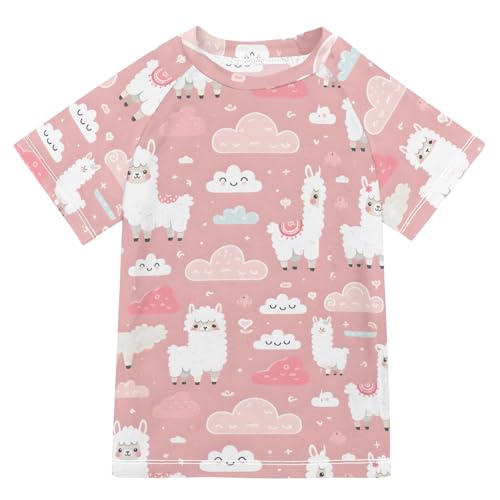 ALAZA Kids Rash Guard Boys Toddler Swim Shirts Short Sleeve Llama Clouds Pink UPF 50+ 3T