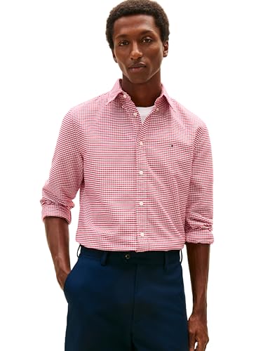 Tommy Hilfiger Men's Heritage Oxford Gingham Regular Long Sleeve Shirts, Medium RED/Check Large