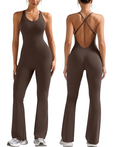 Relety Womens Flare Workout Jumpsuits Scoop Neck Strappy Backless Tummy Control One Piece Yoga Gym Leggings Padded Rompers - Deep Brown Small