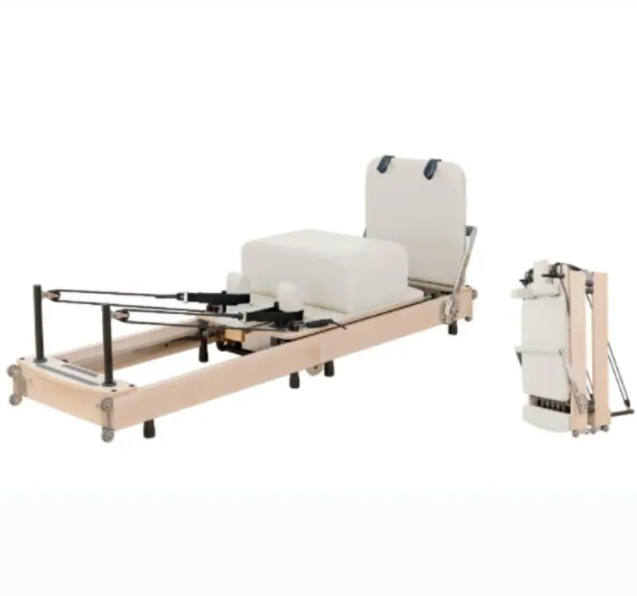Reformer Pilates Machine Foldable Gym Fitness Equipment For Home Workout Oak Wood For Stretching Balance Yoga Exercise - White