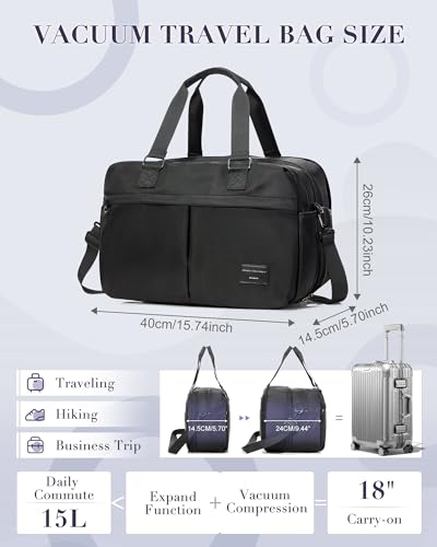 Image of Vacuum Travel Bag with Air Pump Expandable Seal Compression Personal Item Carry on Bags for Airlines Travel Duffle Bags for Women Weekender Overnight Bag Sports Gym Tote Bag Black